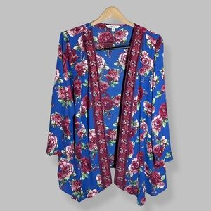 The Pioneer Woman Size L/XL Floral Kimono Cardigan Blue Pink Rose Boho Duster